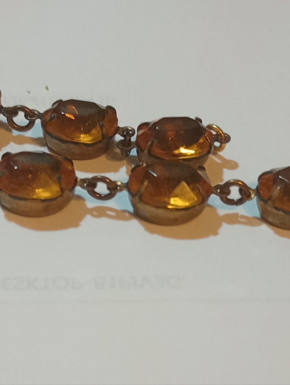 Vintage Citrine.  Amber Glass Stone Linked Bracelet - Unbranded 1920 Brass Back